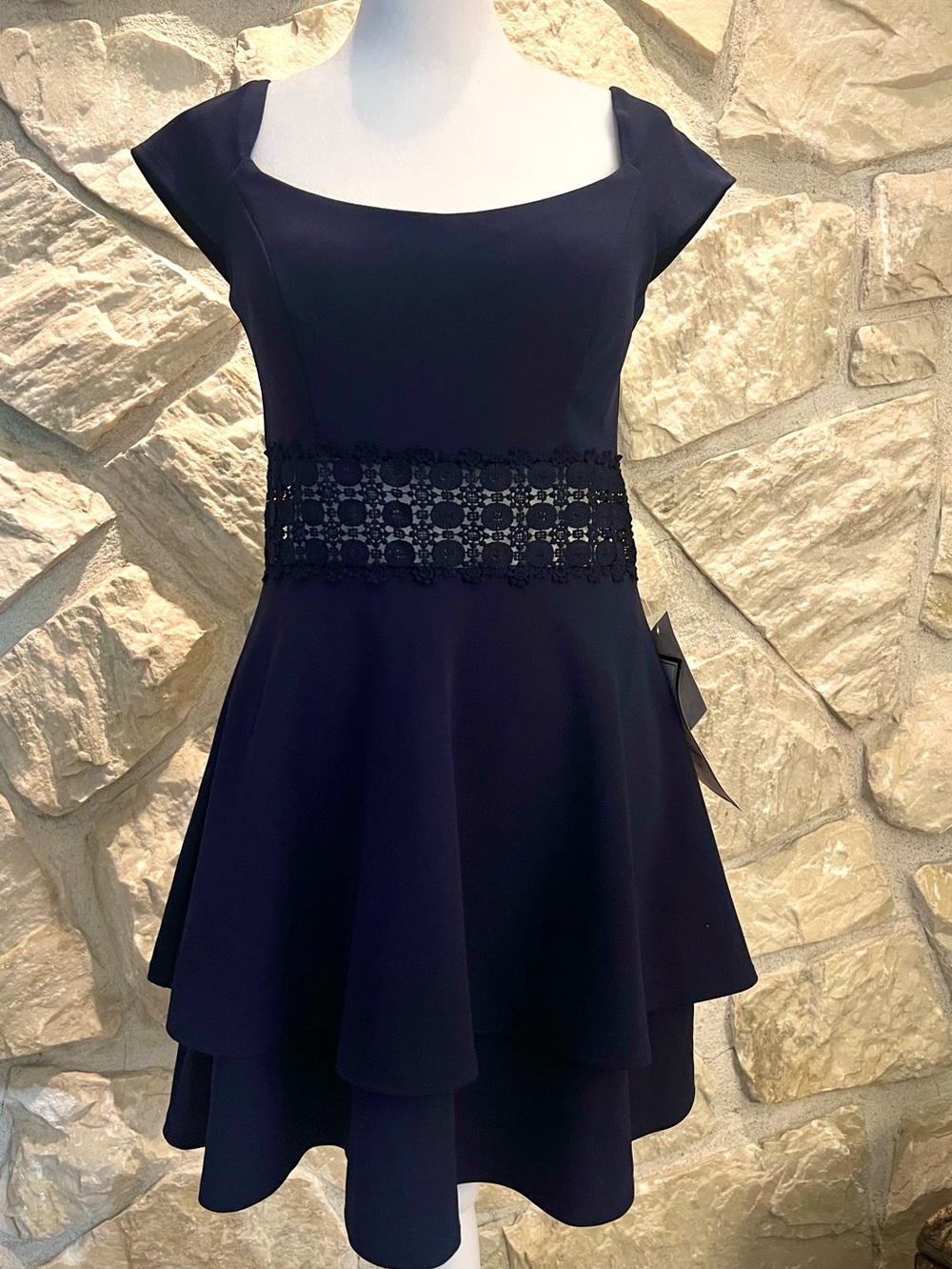 Navy Blue Tiered A-Line Dress with Lace Waist Detail 9/10 NWT